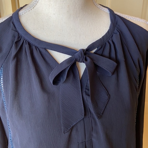 Buckle True Navy Boho Peasant Blouse Cold Shoulder Flowy Lightweight Tie Neck - Picture 2 of 14